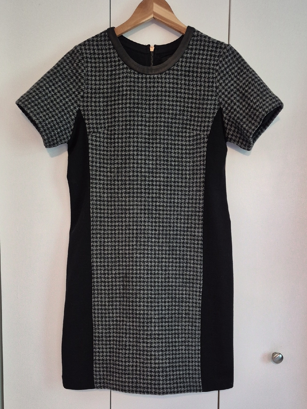 J. Crew Black and Gray Leather Houndstooth Sheath Dress